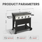 4-Burner Propane Gas Griddle, 40,000 BTU Outdoor Flat Top Propane Grill with 480 Sq In Cooking Area, Rolling Wheels & Folding Side Shelves for Camping, Tailgating & Backyard BBQ, Black