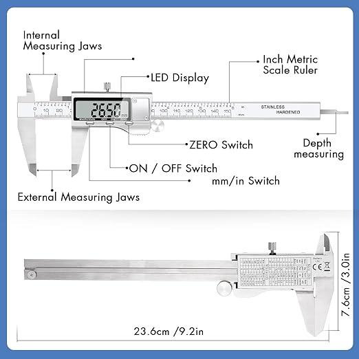 Digital Caliper Measuring Tool, Stainless Steel Vernier Caliper Digital Micrometer with Large LCD Screen, Easy Switch from Inch Metric Fraction, 6 Inch/150mm Caliper Tool for DIY/Household