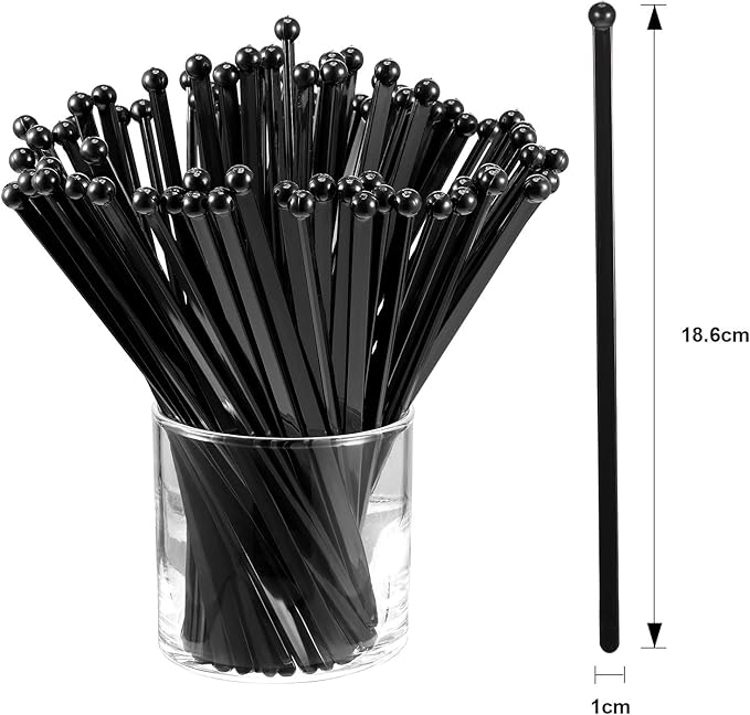 100 Pieces Disposible Plastic Round Top Crystal Swizzle Sticks (Black)