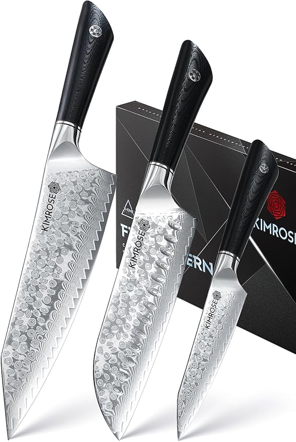 KIMROSE Damascus Knife Set - 3PCS - High-Carbon 10Cr15CoMoV Alloy Steel - Professional Chef Knife - G10 Handle - Razor Sharp Kitchen Knives - Magnetic Sheath - Gift Box