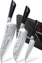 KIMROSE Damascus Knife Set - 3PCS - High-Carbon 10Cr15CoMoV Alloy Steel - Professional Chef Knife - G10 Handle - Razor Sharp Kitchen Knives - Magnetic Sheath - Gift Box