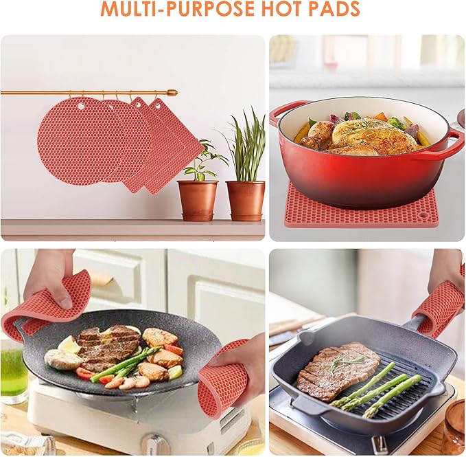 4 Pack Trivets for Hot Dishes, Silicone Pot Holders Hot Pads for Kitchen, Silicone Trivets for Hot Pots and Pans, Hot Plates to Protect Table Quartz Countertops Heat Resistance to 450°F, Nordic Orange
