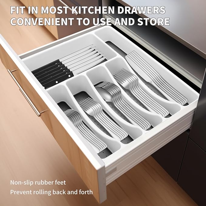 53PCS Silverware Set for 8 with Flatware Drawer Organizer, Stainless Steel Cutlery Set with Steak Knives, Include Spoons and Forks Set & Serving Utensils, Mirror Polished, Silver