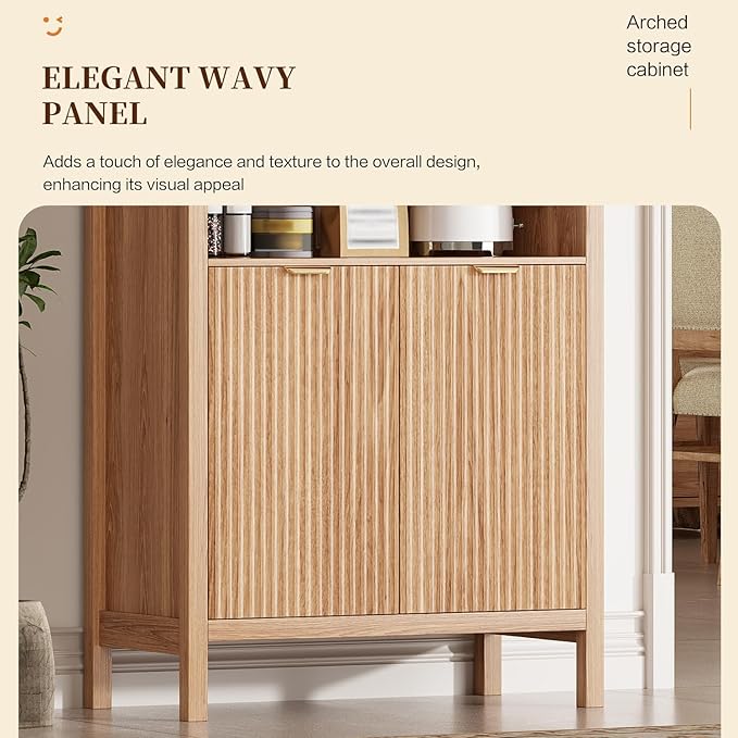 71" Tall Arched Kitchen Pantry,Modern Fluted Wood Storage Cabinet with Doors,Adjustable Shelves,Organizer, Versatile Cupboard for Kitchen,Living Room,Dining Room,Bathroom,Oak1