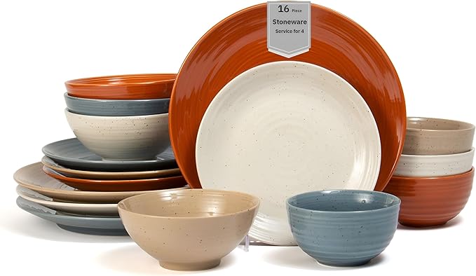 Sango Siterra Painter's Palette 16-Piece Stoneware Dinnerware Set - Service for 4, Ceramic Plates and Bowls Sets, Chip Resistant, Rustic Dishware, Microwave & Dishwasher Safe Kitchen Dishes