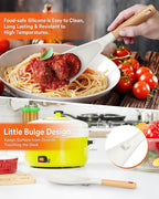 Cooking Spoon and Rice Scooper for Nonstick Cookwares, Great for Cooking and Serving Sturdy BPA-Free Matte Silicone, Wood Handle Spoon for Mixing, Scoop, and Scrape (WHITE)