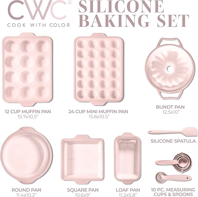 COOK WITH COLOR 17 Pc. Silicone Baking Pan Set - Non-Stick & Easy Clean Silicone Muffin Pans for Baking with Sturdy Metal Frame for Stability, Flexible Cake Molds, Includes Measuring Cups and Spoons