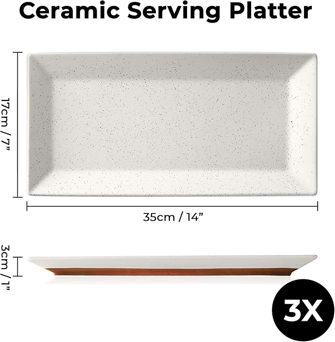 MIAMIO - Ceramic Serving Platter Set of 3 Large Serving Tray/Rectangle Serving Platters for Thanksgiving, Turkey, and Christmas - Microwave, Dishwasher, and Oven Safe Platter (34.5 x 17 cm)