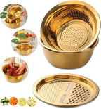 3PC/Set Colander set Stainless Steel Vegetable Slicer Fruit Potato Peeler Carrot Grater Strainer Utensil Round Rice Washer Bowl Drain Basket-Gold