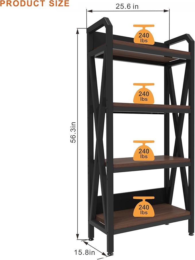 KEIKI 4-Tier Kitchen Bakers Rack with Storage, 55'' Bookcase Shelf Adjustable Shelves Freestanding, Microwave Stand, Bakers Rack for Kitchen, Garage, Pantry, Bathroom