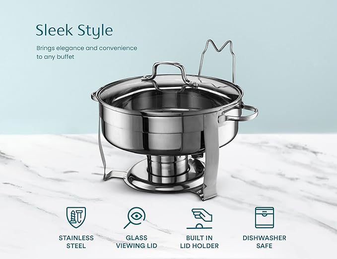 Chafing Dish for Buffet Set, by Kook, Catering Food Warmers, Round Dishes, Warmer Tray, Stainless Steel with Glass Cover and Holder, for Parties, Dinners, 4.5 Qt