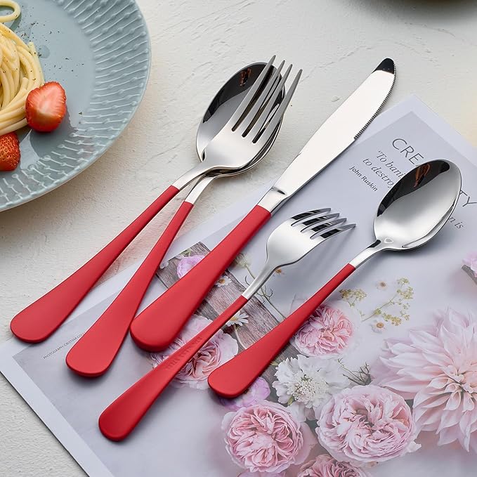 20-Pieces Red Silverware Sets for 4,Red Handle Stainless Steel Cutlery Set, Include Forks Spoons and Knives Set, Dishwasher Safe Utensil Sets for Home Restaurant