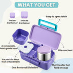 Kids Lunch Bento Box with Thermo Ice Pack Food Container with Insulated Lunch Bag, Insulated Water Bottle with Straw for Girls Boys, Purple