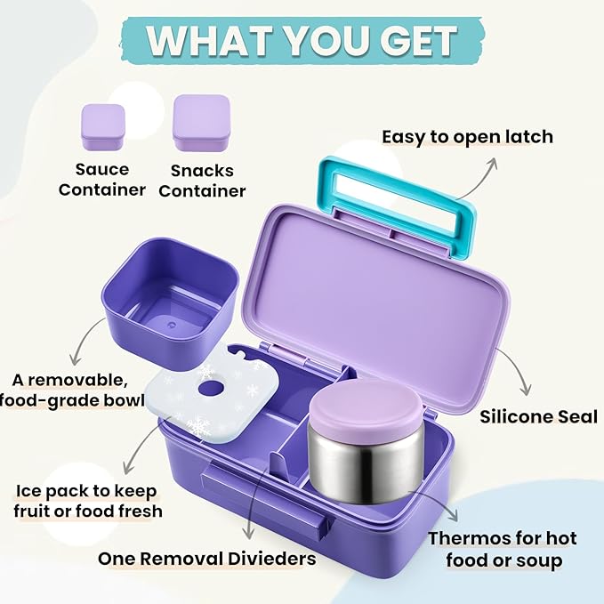 Kids Lunch Bento Box with Thermo Ice Pack Food Container with Insulated Lunch Bag, Insulated Water Bottle with Straw for Girls Boys, Purple