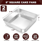 EWFEN 8 x 8 Inch Square Cake Pan, Stainless Steel Baking Pan for Lasagna Brownies Casseroles, Square Bakeware for Oven Cooking, Non-Toxic & Rust-resistant, Dishwasher Safe, 2 Pack