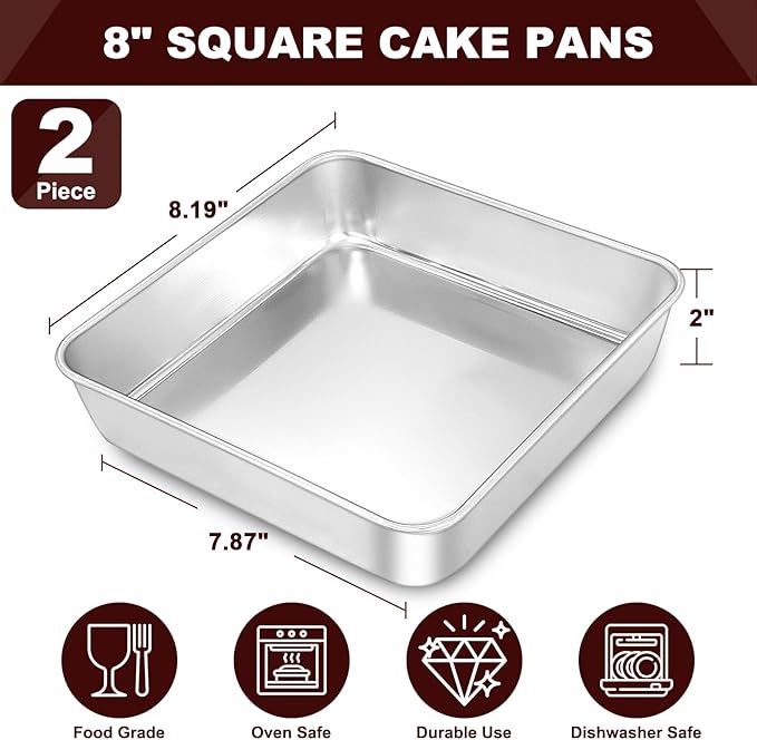 EWFEN 8 x 8 Inch Square Cake Pan, Stainless Steel Baking Pan for Lasagna Brownies Casseroles, Square Bakeware for Oven Cooking, Non-Toxic & Rust-resistant, Dishwasher Safe, 2 Pack