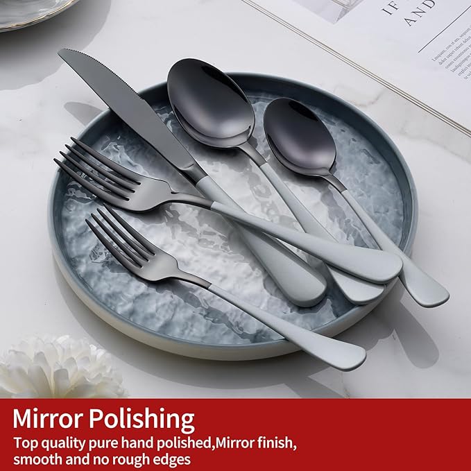 20-Piece Black Silverware Set 18/0 Stainless Steel Flatware Gray Handle Cutlery Set Service for 4 Dinner Knives Forks Spoons Set Mirror Finish Dishwasher Safe