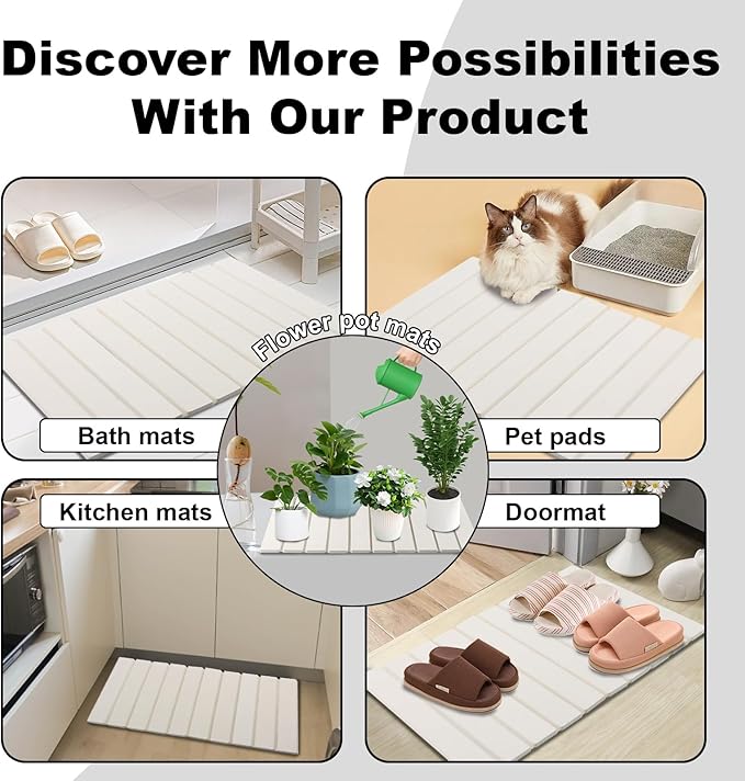 Stone Drying Mat for Kitchen Counter, 23.6"x15.4" Absorbent Dish Drying Mat with 2 Pack Absorbent Stone Coasters, 1 Seasoning Pad, Quick Dry Large Dish Drying Mats for Kitchen Counter, White