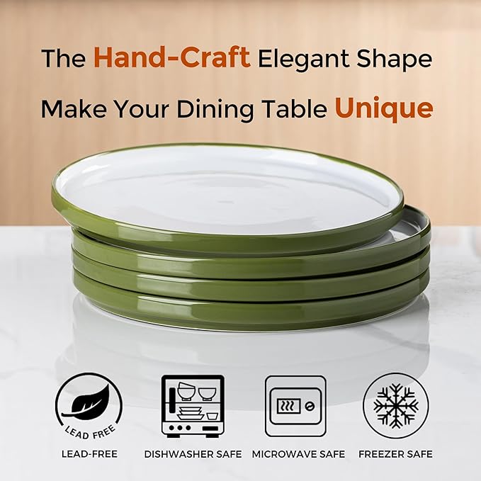 AmorArc Ceramic Dinner Plates Set of 6,10.25 inch Large Stoneware plates for Kitchen, Microwave&Dishwasher Safe,Scratch Resistant-Green