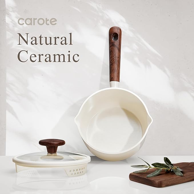 CAROTE 2QT & 3QT Sauce Pan Sets with Lid & Ladle Ceramic Nonstick Pot Set Non Toxic Saucepan Small Kitchen Cooking Pots, Easy to Clean, Induction Comptable, PFAS PTFE Free