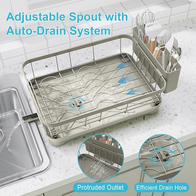 Dish Drying Rack for Kitchen Counter - Space Saving Drying Rack with Drainboard & Utensil Holders, Large Capacity Organizer for Bowls Cups, Countertop Dish Drainer Grey