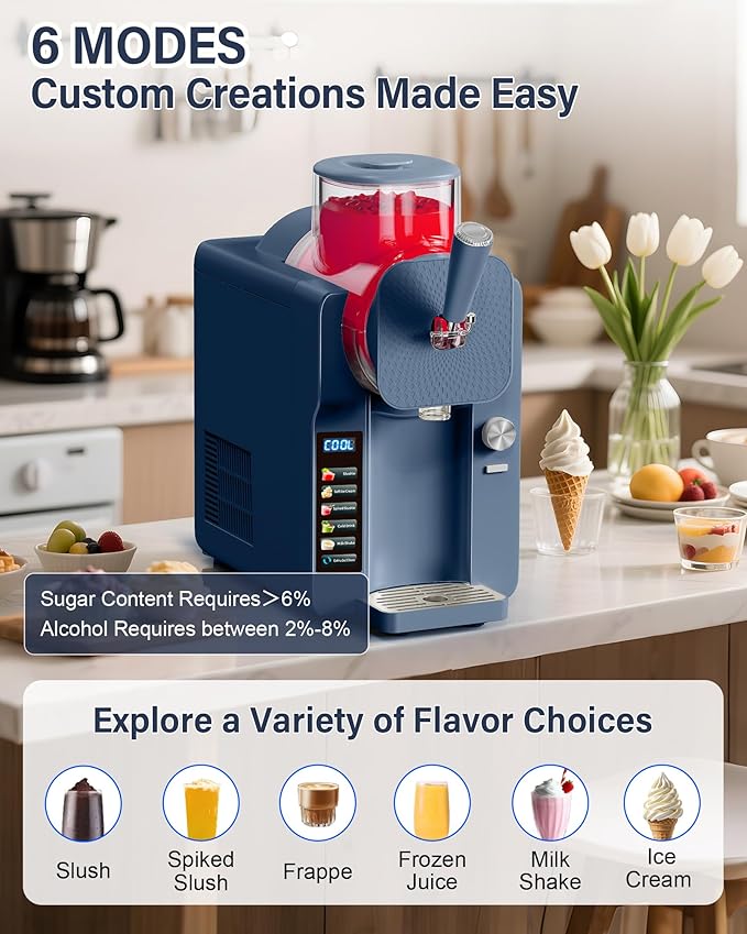 2-in-1 Slush and Ice Cream Maker - 6 Modes for Smoothies, Milkshakes, Cocktails, Margaritas, and Ice Cream, Double-Layer Tank, Ice Cream Cone Holder, Self-Cleaning - Perfect for Home Use