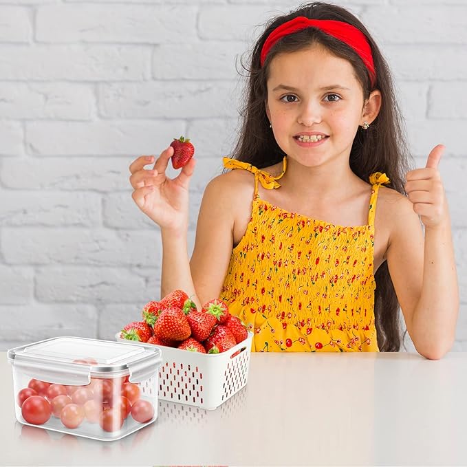 5 Pack Fruit Storage Containers for Fridge, Produce Saver Vegetable Container with Drain Colanders - Refrigerator Organizer for Lettuce Keepers Berry Container