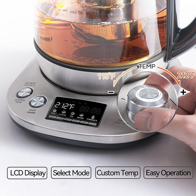 Mecity Electric Tea Kettle with Removable Infuser, 9 Preset Brewing Programs, Temperature Control, 2 Hours Keep Warm, Borosilicate Glass, 1.7 Liter, 1200W