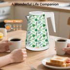 1.2L Double Wall Stainless Steel Interior Water Boiler, Cordless, 1000W Fast Boil with LED Light Coffee Pot & Tea Electric Kettle, Auto Shut-Off and Boil-Dry Protection (Green Leaf)