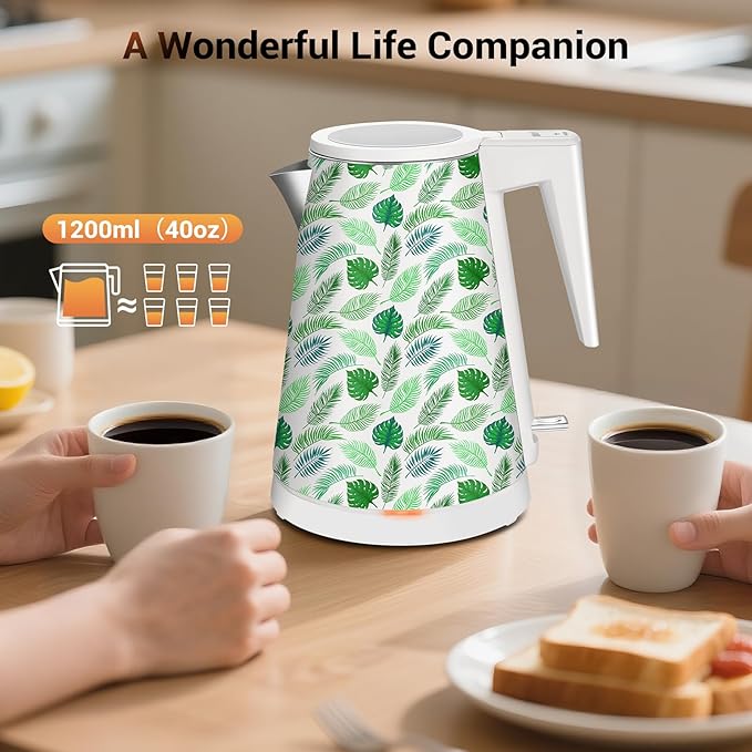 1.2L Double Wall Stainless Steel Interior Water Boiler, Cordless, 1000W Fast Boil with LED Light Coffee Pot & Tea Electric Kettle, Auto Shut-Off and Boil-Dry Protection (Green Leaf)