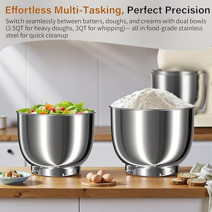 Stand Mixer with 3QT+3.5QT Dual Bowls, 10-Speed Electric 300W Food Mixer - Includes Egg Whisk, Dough Hook & Flat Beater for Home Baking & Daily Cooking (White)