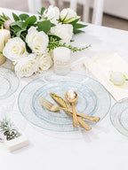 WDF 200PCS Blue Plastic Plates - Blue Glitter Plastic Plates - Heavy Duty Disposable Plates - Include 100 Dinner Plates 10" and 100 Dessert Plates 7" for Parties/Wedding/Graduation