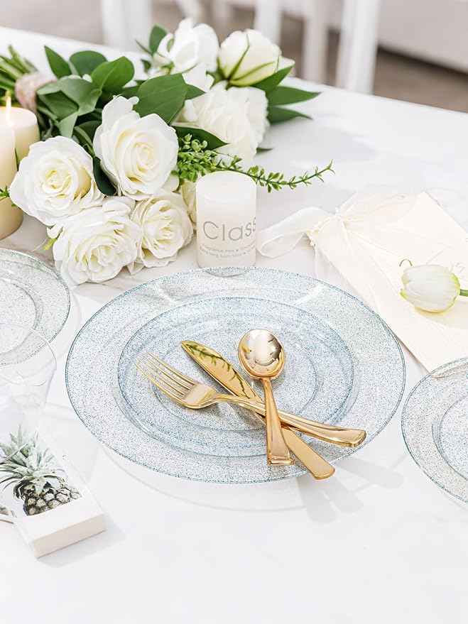 WDF 200PCS Blue Plastic Plates - Blue Glitter Plastic Plates - Heavy Duty Disposable Plates - Include 100 Dinner Plates 10" and 100 Dessert Plates 7" for Parties/Wedding/Graduation