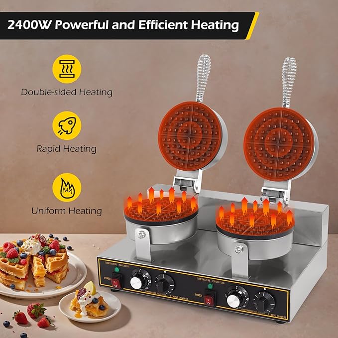 Dyna-Living Waffle Maker 2400W Double Waffle Iron Maker Restaurant Non-stick Round Waffle Machine Commercial Waffle Maker Large Waffle Machine for Hotel, Thicken Stainless Steel