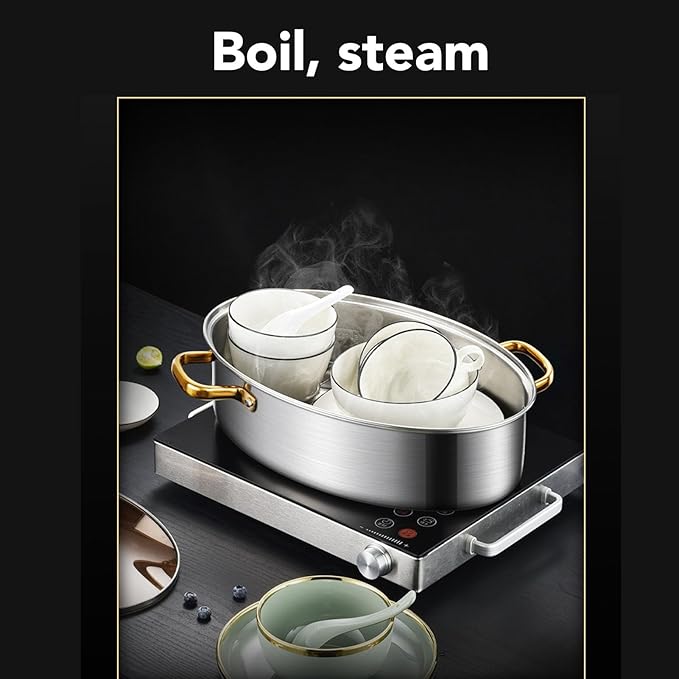 Stainless Steel Fish Steamer, Heavy Duty Oval Steamer Pot with Rack and Ceramic Pan Lid, Multi Use Cookware Stockpot for Steaming Fish, Boiling Soup, Steaming Seafood