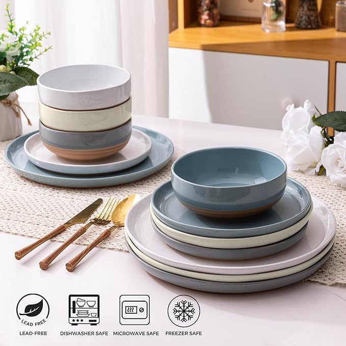 AmorArc Ceramic Dinnerware Sets for 8, 24 Pieces Handpainted Plates and Bowls Set with Rustic Terracotta Underside, Scratch Resistant Stoneware Dishes Set, Dishwasher & Microwave Safe, Multi-Color