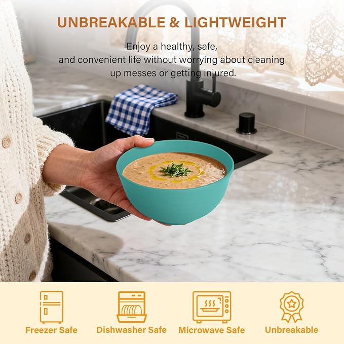 Homienly Wheat Straw Bowls, Cereal Bowls, Plastic Bowl Alternative, Set of 8, Unbreakable Microwave Safe Bowls for Soup, Salad, Dinner, Cereal, Snack, Dishwasher Safe for Kitchen, Party (Green, 26 OZ)