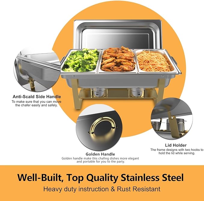 Chafing Dishes for Buffet 4 Pack,Festa Essential 8QT Elegant Gold&Silver Stainless Steel Rectangular Catering Chafers Food Warmer with Full,Half,1/3 Food Pan,Fuel Holder,Foldable Frame For Any Party