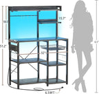 Aheaplus Bakers Rack with Power Outlet and LED Light Strings, Microwave Oven Stand Kitchen Storage Shelf with Wire Basket, Coffee Bar Station Island Table with 10 Hooks for Spices, Pots, Black Oak