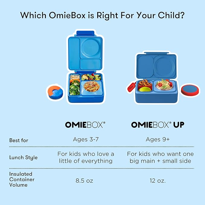 Omie OmieBox UP bento Box for Kids | Insulated Lunch Box | Leak Proof Vacuum Insulated Thermal Food jar | Cooler ice Pack | 2 Compartments (Cosmic Blue)