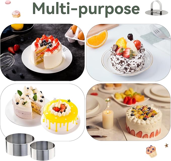 Uncle Jack 8 Pieces Round Cake Ring Molds, Cake Ring Mold Set, with Pusher, for Kitchen Tools, Baking Pastry (Include 8 Rings and 2 Pushers)