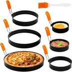 6 Pack Different Sized Egg Ring Set, Stainless Steel Round Egg Shaper with Silicone Handle & 1 Brush, Nonstick Egg Circles for Baking Pancake Griddle Muffin Omelette Cooking Frying (Black, Orange)