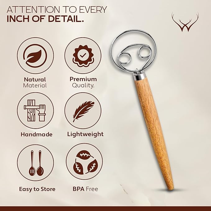 13 Inch Danish Dough Whisk Stainless Steel Hook with Long Wooden Handle – Essential Dough Whisk & Sourdough Bread Baking Supplies for Mixing, Whisking & Baking Pizza Dough - Sourdough Tools