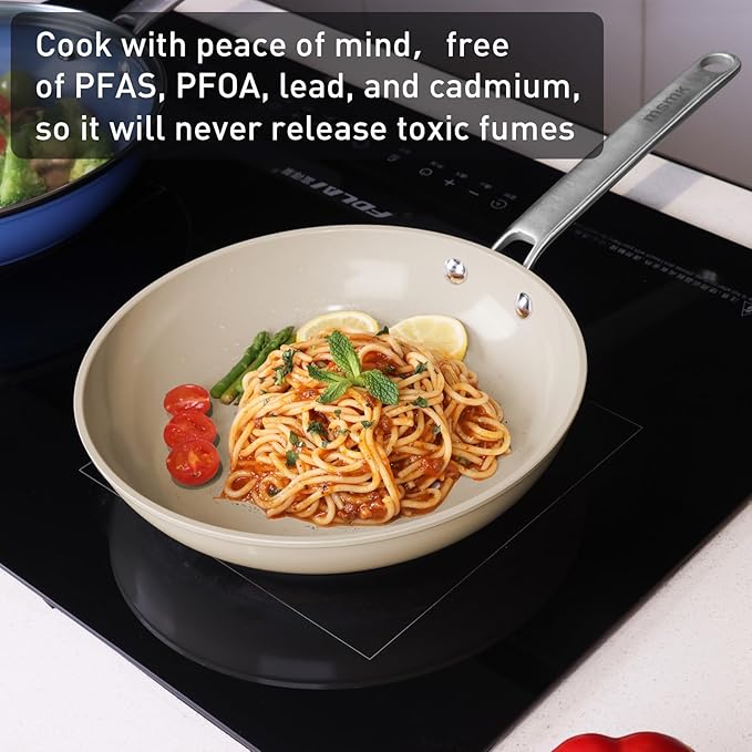 MsMk Ceramic Nonstick 8-inch, 9.5-inch and 11-inch Frying Pan Set, No PFAS & PTFE & PFOA, Stainless Steel Handle, Dishwasher & Oven Safe,induction Base