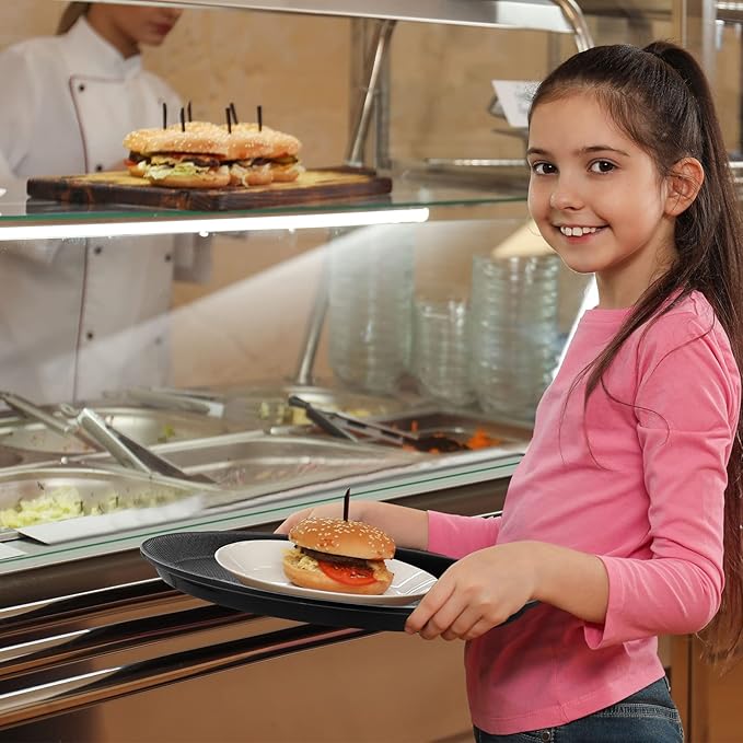 Zopeal 8 Pieces Black Round Restaurant Serving Tray, Plastic Non Slip Surface Food Meals Server Tray with Raised Edges for Home, Kitchen, Restaurant, Cafeteria, Bar (11",16")