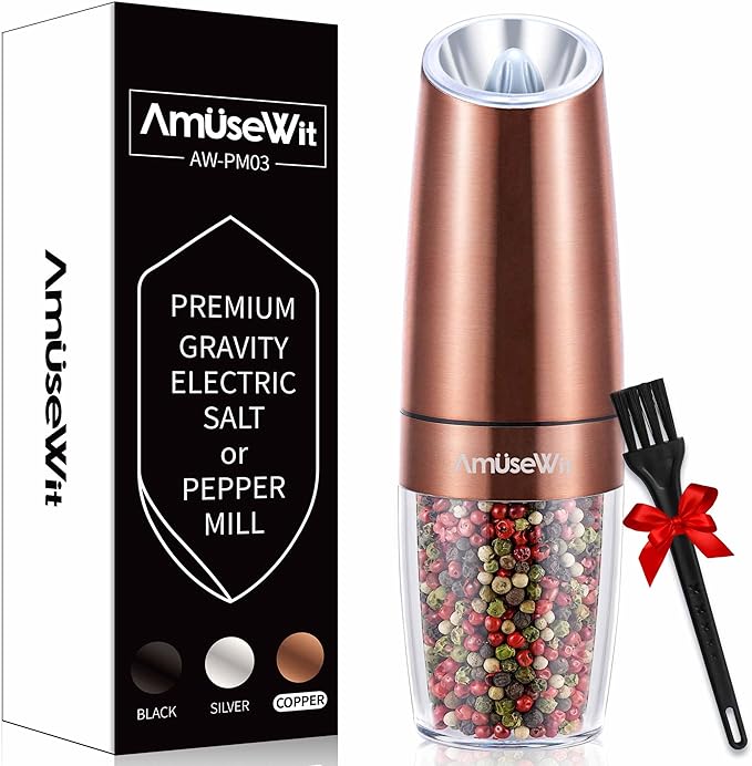AmuseWit Electric Gravity Pepper Mill or Salt Grinder Mill [White Light] - Battery Operated Automatic Pepper Grinder with Light, Adjustable Coarseness, One Handed Operation, Cleaning Brush, Copper