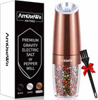 AmuseWit Electric Gravity Pepper Mill or Salt Grinder Mill [White Light] - Battery Operated Automatic Pepper Grinder with Light, Adjustable Coarseness, One Handed Operation, Cleaning Brush, Copper