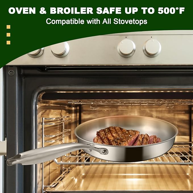 EWFEN 12 Inch Tri-Ply Stainless Steel Frying Pan, Compatible with All Cooktops Up to 600℉, Large Frying Pan with lids, Induction-Ready Skillet, Dishwasher and Oven Safe, Fast & Even Heat, Heavy Duty