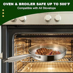 EWFEN 12 Inch Tri-Ply Stainless Steel Frying Pan, Compatible with All Cooktops Up to 600℉, Large Frying Pan with lids, Induction-Ready Skillet, Dishwasher and Oven Safe, Fast & Even Heat, Heavy Duty