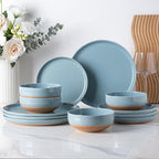 AmorArc Ceramic Dinnerware Sets for 8, 24 Pieces Handpainted Plates and Bowls Set with Rustic Terracotta Underside, Scratch Resistant Stoneware Dishes Set, Dishwasher & Microwave Safe, Stone Blue